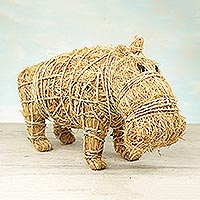 Rattan and raffia sculpture, 'Natural Hippo' - Handcrafted Natural Fiber Hippo Sculpture from Ghana