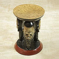 Decorative wood stool, 'Household Family' - Handcrafted Decorative Stool with Face Designs from Ghana