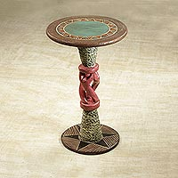 Cedar wood accent table, 'Dancing Trio' - Cedar Wood Accent Table in Pink and Beige from Ghana
