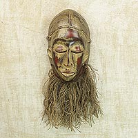 African wood mask, 'Bearded Baule' - Sese Wood and Raffia African Replica Mask from Ghana
