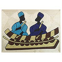 Silk thread wall art, 'Damba Festival' - Handcrafted Silk Wall Art of Two Musicians from Ghana