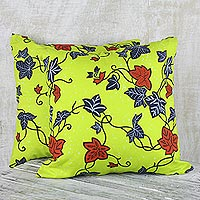 Cotton cushion covers, 'Bright and Sunny' (pair) - 100% Cotton Yellow Leaf Print Pair of Cushion Covers