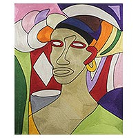 Silk thread wall art, 'The Face of a Woman' - Original Portrait of a Woman Cubist Thread Wall Art