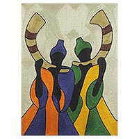 Silk thread wall art, 'The Horn Blowers' - Silk Thread Wall Art with African Music Theme