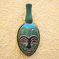 African wood mask, 'A Person of Dignity' - Blue and Green Handmade African Wood Mask