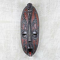 African wood mask, 'Savannah Story' - Oblong African Wood Mask with Animal Motifs