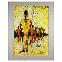 Batik cotton painting, 'The Retinue' - African Batik Painting on Calico of Queen and Her Retinue