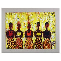 Batik cotton wall art, 'Debt Collectors' - West African Batik Wall Art of Women Titled Debt Collectors