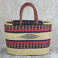 Leather accented raffia tote bag, 'Kite Basket' - Hand Woven Raffia Natural Fiber Tote with Leather Strap