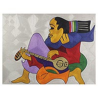 Silk thread wall art, 'The Rasta Man and His Guitar' - Handmade West African Threadwork Art of Guitarist