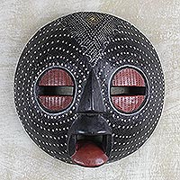 African wood mask, 'Ntiasea Face' - African Sese Wood and Aluminum Mask in Black from Ghana