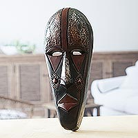 African wood mask, 'Megyifo Tiase' - Wood and Aluminum Mask Carved and Painted by Hand in Ghana