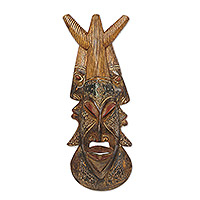 African wood mask, 'Three Facets' - Traditional African Wood Mask with Three-Faced Design
