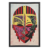 Cotton batik collage, 'Obrapa' - Cotton Batik African Mask Oil on Cotton Collage from Ghana