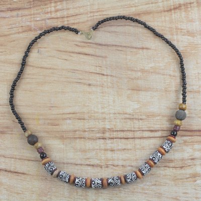 Recycled glass and wood beaded necklace, Tribal Garland