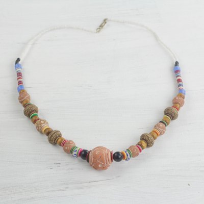 Ceramic and recycled glass beaded necklace, 'Celebrate Diversity' - Ceramic and Recycled Glass Long Beaded Necklace from Ghana