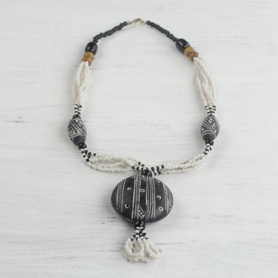 Ceramic and recycled glass beaded pendant necklace, Terracotta Queen