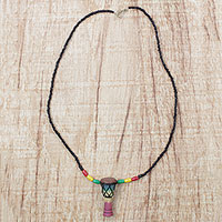 Wood beaded pendant necklace, 'Djembe Rhythm' - Djembe Drum Wood Beaded Pendant Necklace from Ghana