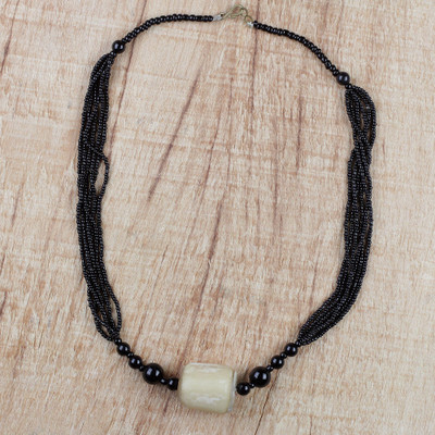 Horn and glass beaded pendant necklace, Anigye
