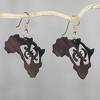 Ebony dangle earrings, 'Adinkra Africa' - Handmade Ebony Wood Africa Map Dangle Earrings from Ghana