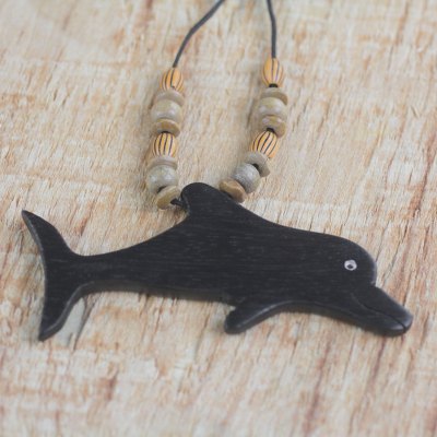 Wood pendant necklace, Wild Dolphin