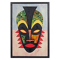 Cotton batik collage, 'Definitive Destiny' - Oil on Cotton African Mask Batik Cardstock Collage