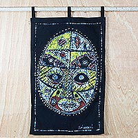 Batik cotton wall hanging, 'Spiritual Potency' - Handmade Cotton Batik Spiritual African Mask Wall Hanging