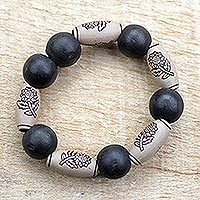 Wood and recycled plastic beaded stretch bracelet,