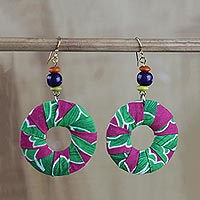 Cotton and wood dangle earrings, 'Praise' - Multi-Colored Cotton Print Circle Beaded Dangle Earrings
