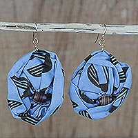 Cotton dangle earrings, 'Blue Fascination' - Blue Cotton Dangle Earrings from Ghana