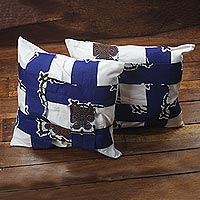 Cotton cushion cover, 'African Criss-Cross' - Blue and White West African Cotton Print Cushion Cover