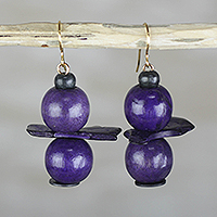 Wood and coconut shell dangle earrings, 'Grape Harvest' - Purple Sese Wood Coconut Shell Stacked Dangle Earrings