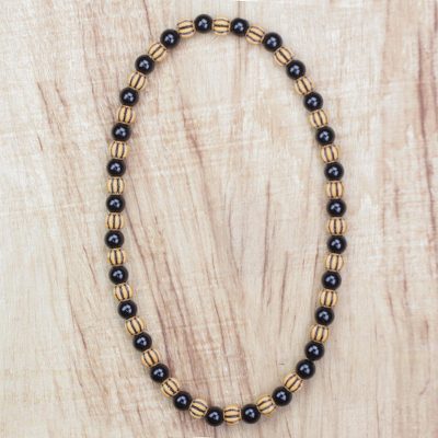 Wood and recycled plastic beaded necklace, Saffron Delight