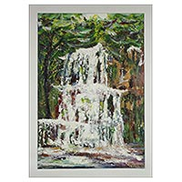 'Waterfalls' - Signed Impressionist Waterfall Painting from Ghana
