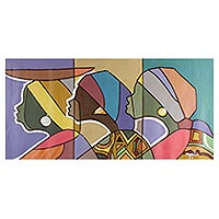 'Friends Together' - Signed Cubist Painting of Three Women from Ghana