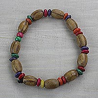 Wood beaded stretch bracelet, 'Colorful Akoo Ano' - Colorful Sese Wood Beaded Stretch Bracelet from Ghana