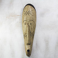 African wood mask, 'Fang Ngil Male' - Handcrafted Oblong Ivory Colored Sese Wood African Mask