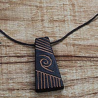 Wood pendant necklace, 'Spiral Galaxy' - Long Sese Wood Pendant Necklace Hand Crafted in Ghana