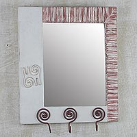 Wood wall mirror, 'Adinkra Reflections' - Adinkra Motif Wood Wall Mirror with Three Accessory Hooks