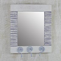 Wood wall mirror, 'Reflections of Tomorrow' - Ghanaian Wood Wall Mirror with Three Accessory Hooks
