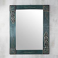 Cedar wood wall mirror, 'Reflective Leaves' - Hand Carved Cedar Wood Leaves Rectangle Glass Mirror
