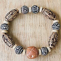Ceramic and wood beaded stretch bracelet, 'Fanosaa' - Ceramic and Wood Beaded Stretch Bracelet from Ghana
