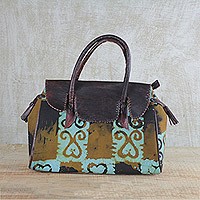 Leather accent cotton handle handbag,