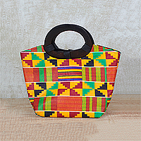 Cotton handle handbag, 'Festive Kente Spirit' - Multi-Colored Kente Cloth Handbag with Ebony Wood Handle