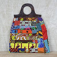 Leather accent cotton handle handbag, 'Patchwork Beauty' - Multi-Colored Cotton Patchwork Handbag with Leather Accents