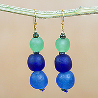 Recycled glass and plastic beaded dangle earrings, 'Blue Novelty' - Recycled Glass and Plastic Beaded Earrings from Ghana