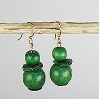 Wood and coconut shell dangle earrings, 'Green and Mighty' - Handcrafted Green and Mighty Sese Wood Dangle Earrings