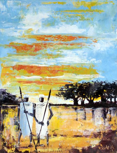 'Two Paddies' - Signed Painting of Two Men on a Farm from Ghana