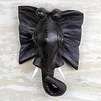 Wood mask, 'Elephant Portrait' - Handcrafted Sese Wood Elephant Mask from Ghana