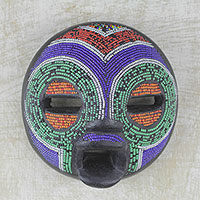 Beaded African wood mask, 'Rainbow Greeting' - Multi-Colored Recycled Glass Bead and Sese Wood African Mask
